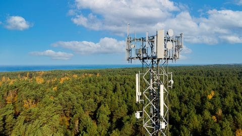 btgrp sitedev graphic A telecommunications tower, installed by the b+t group, stands tall amidst a vast forest landscape under a blue sky with scattered clouds. The forest stretches out into the distance, showcasing vibrant green and autumnal hues.