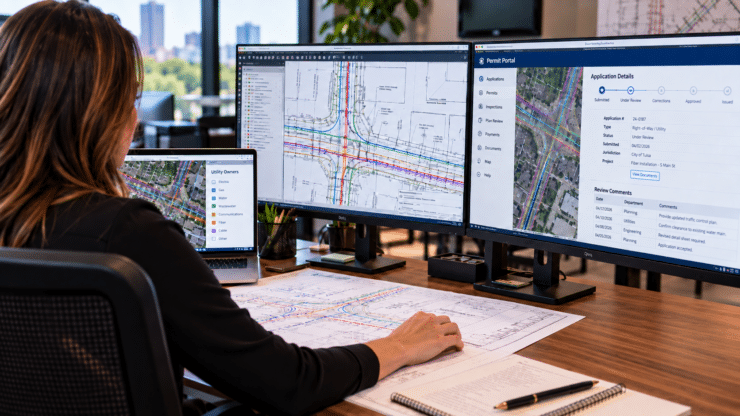 Infrastructure permitting professional reviewing utility plans and permit application status