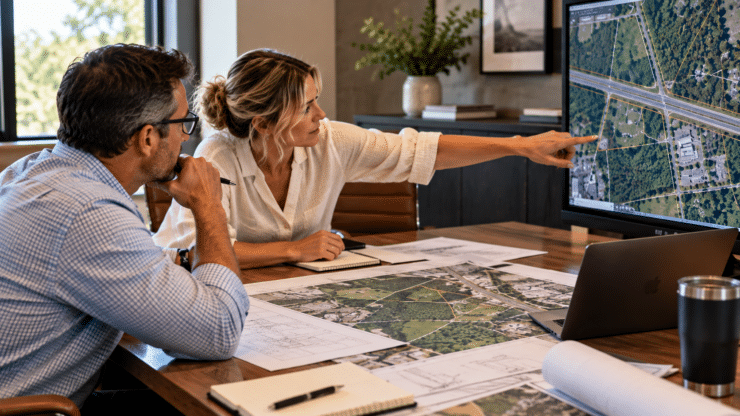 Site Development and Due Diligence Site development professionals reviewing parcel maps and site plans